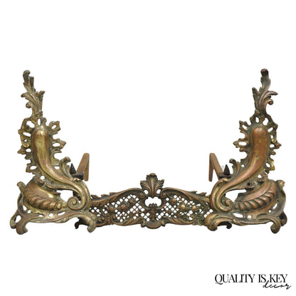 Antique French Louis XV Patinated Brass Bronze Small Fireplace Andirons & Fender