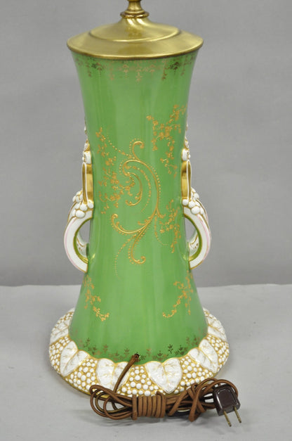 Antique Victorian Green Austrian Porcelain Hand Painted Flower French Table Lamp