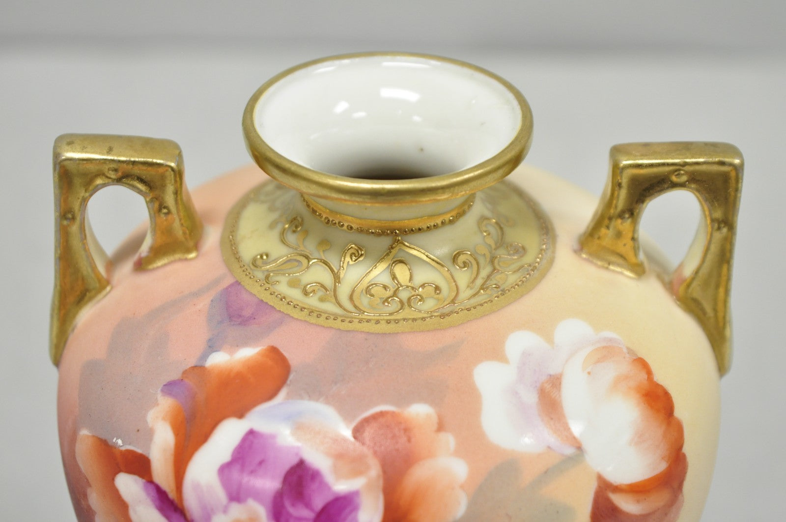 Antique Nippon Hand Painted Porcelain Small Pink Floral Vase w Gold Twin Handles