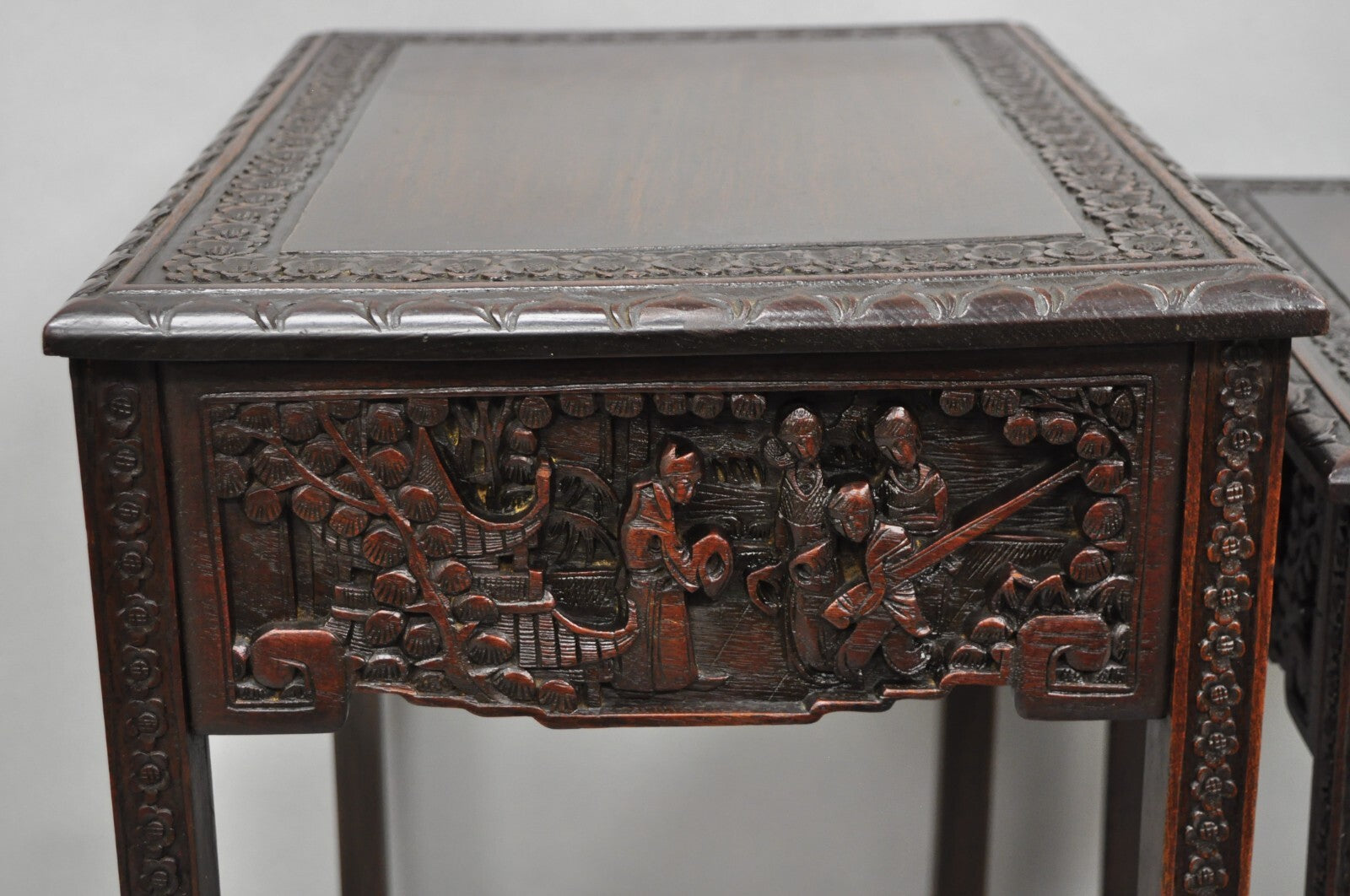 Antique Chinese Carved Rosewood Figural Nesting Side Tables w/ Drawer - 4 Pcs