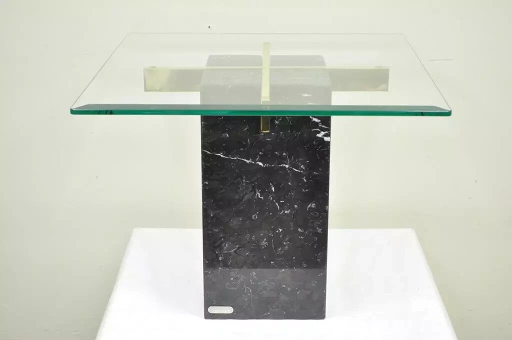 Vintage Artedi Italian Modern Brass Marble Glass Cantilever Accent Side Table