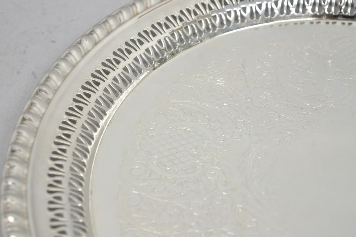 Vintage Leonard Silver Plated Pierced Gallery 12" Round Serving Platter Tray