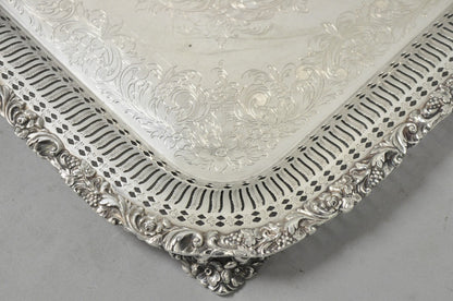 Vintage International Silver Victorian Repousse Pierced Gallery Square Bar Tray