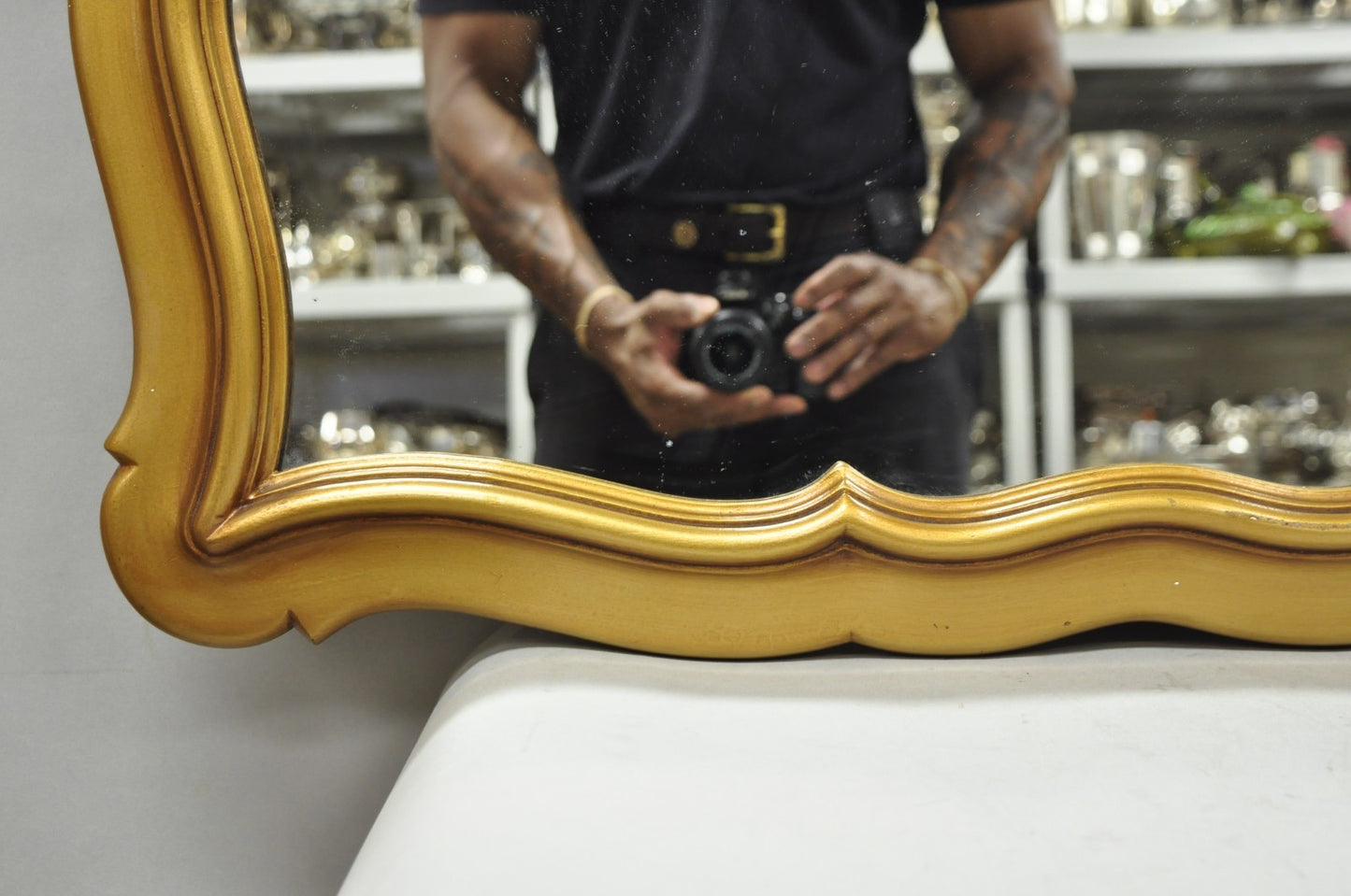 Vintage Hollywood Regency Gold Scalloped Serpentine Wood Frame Wall Mirror