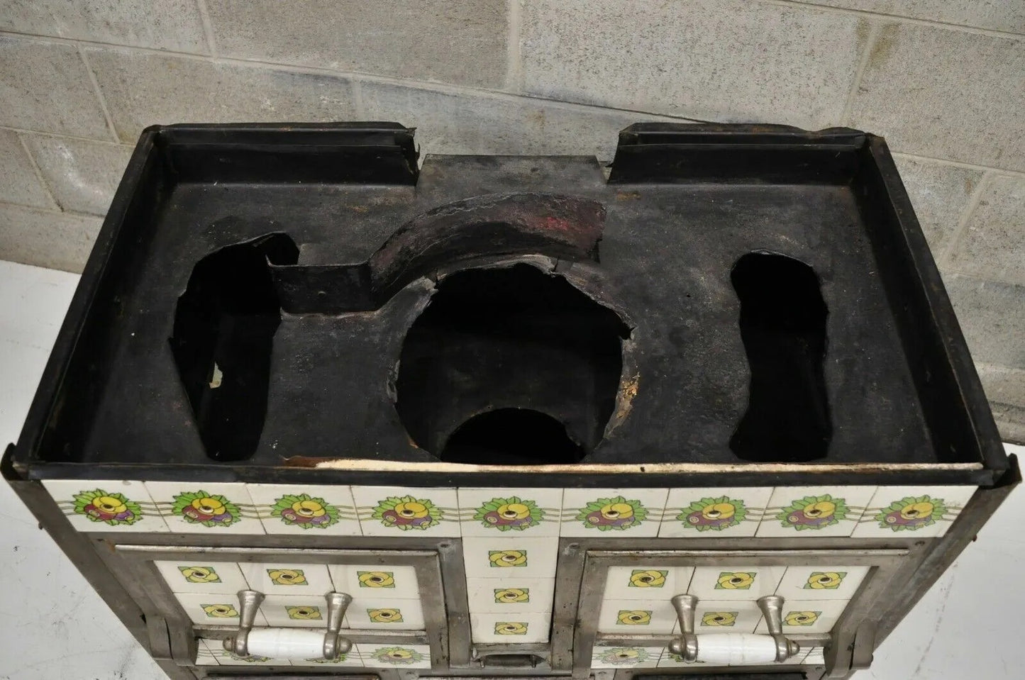 European French or Belgium Cast Iron Art Nouveau Tile Wood Coal Burning Stove