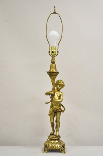 Vintage French Renaissance Brass Rococo Gold Figural Cherub Putti Table Lamp