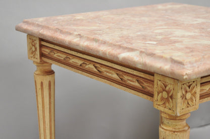 Vintage French Louis XVI Style Pink Marble Top Low Drinks Side Tables - a Pair