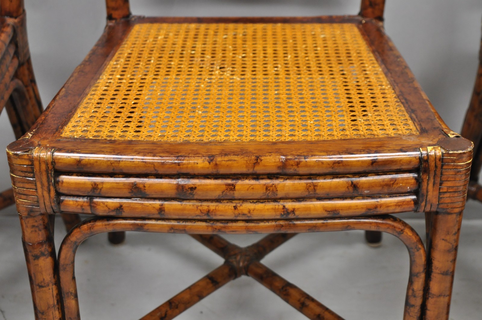 Hollywood Regency British Colonial Burnt Bamboo Cane Dining Chairs - Set of 4