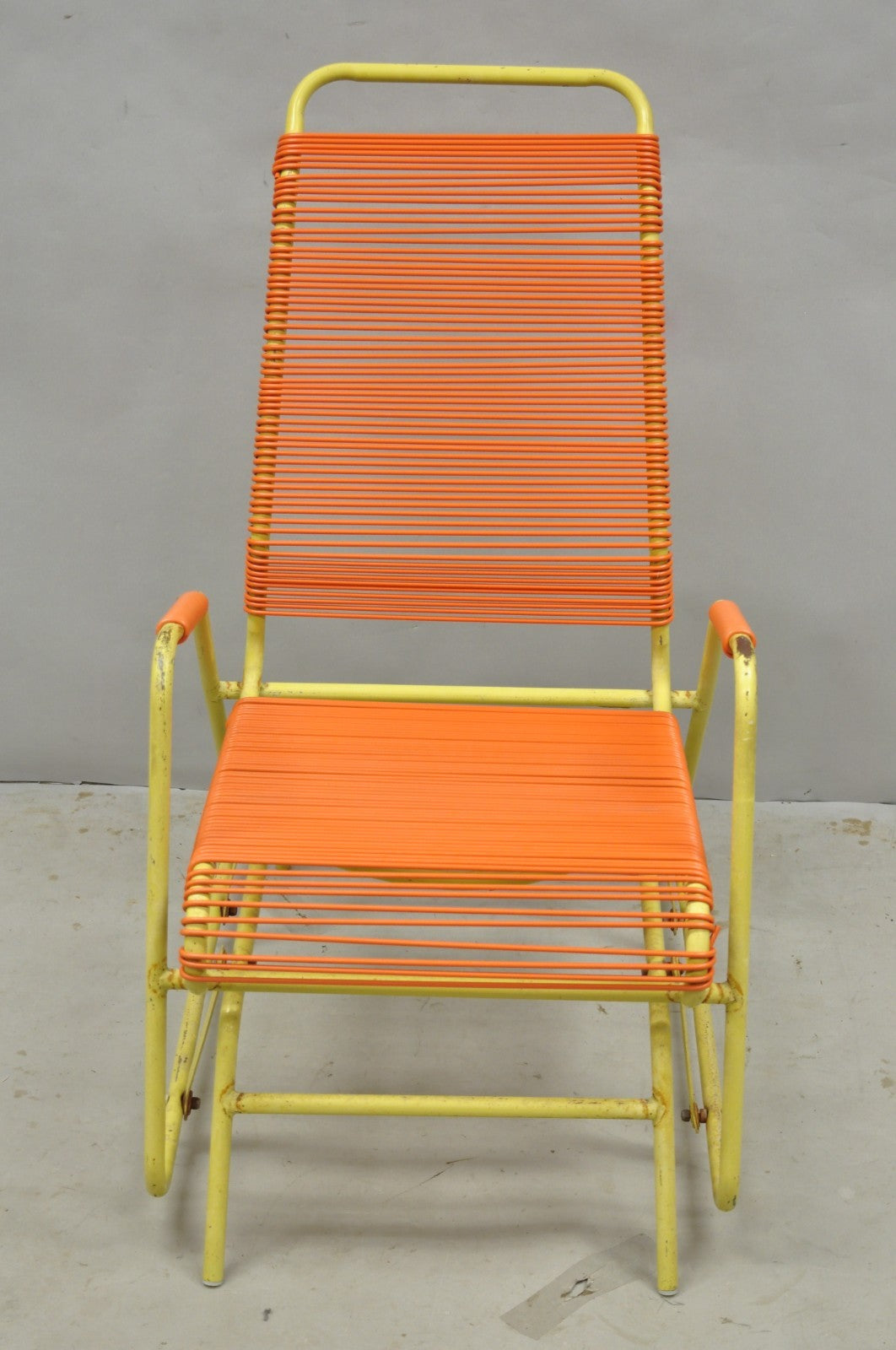 Vintage Mid Century Modern Orange Vinyl Spaghetti Strap Glider Lounge Chair