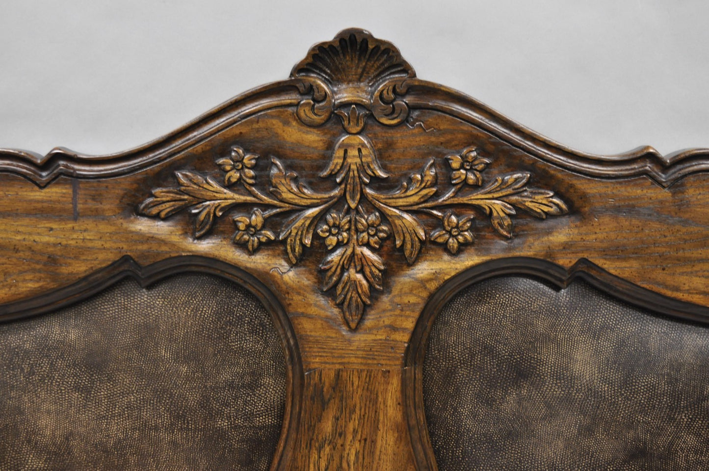 Vintage French Country Provincial Oak Wood Upholstered Panel King Bed Headboard