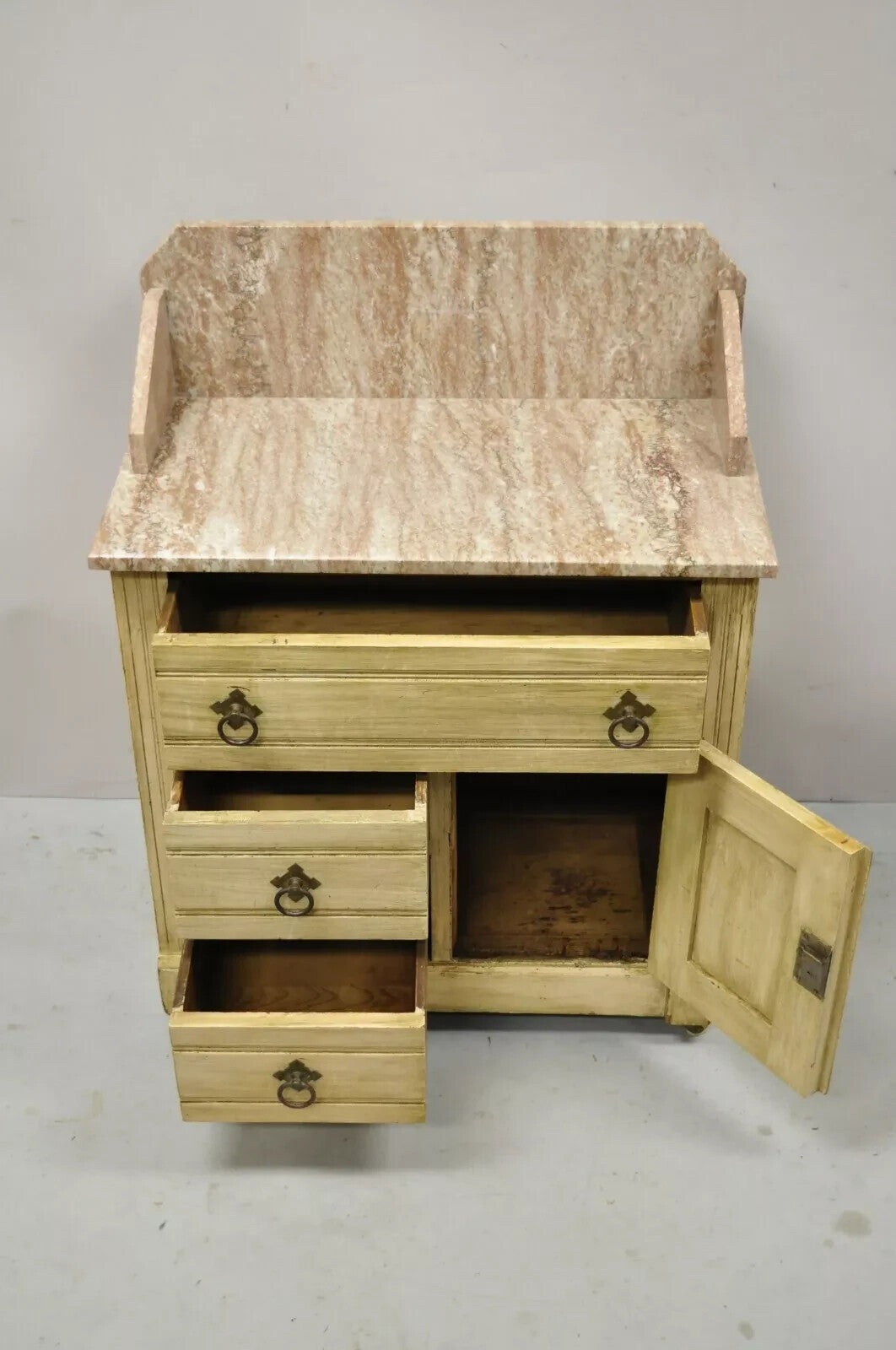 Antique Eastlake Victorian Pink Marble Backsplash Washstand Nightstand Cabinet