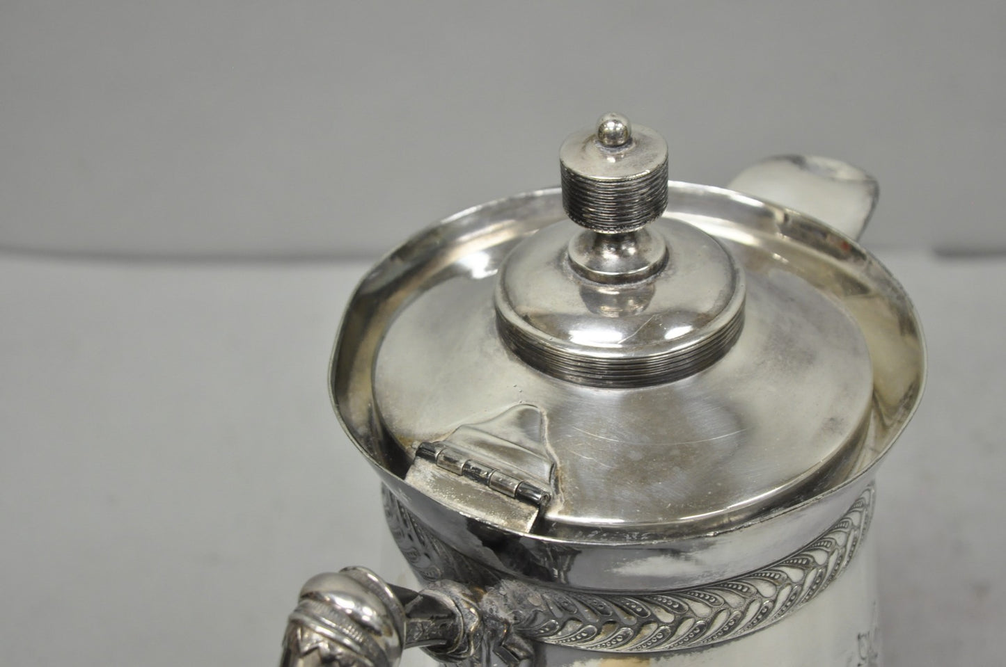 Antique Meriden Victorian Lrg Silver Plated Floral Etched Pitcher, Engraved 1892