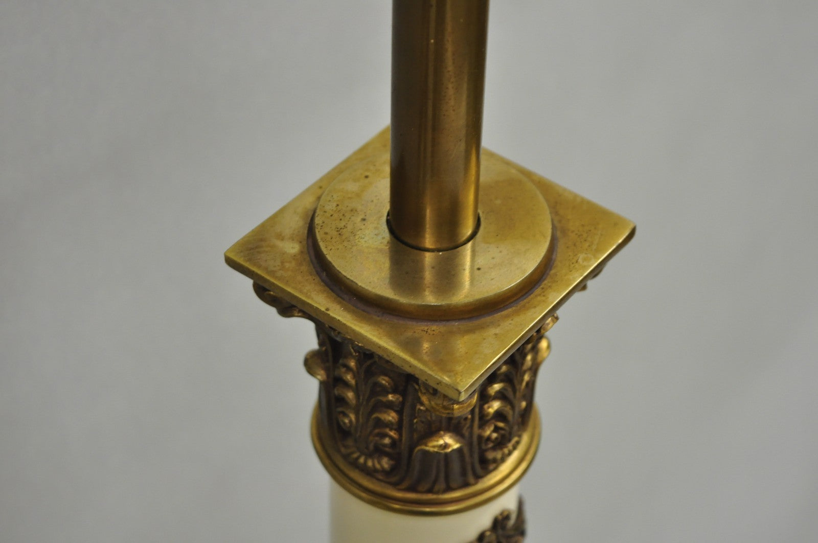 Vintage Stiffel Neoclassical Tall White Enamel Column Brass Table Lamps - a Pair