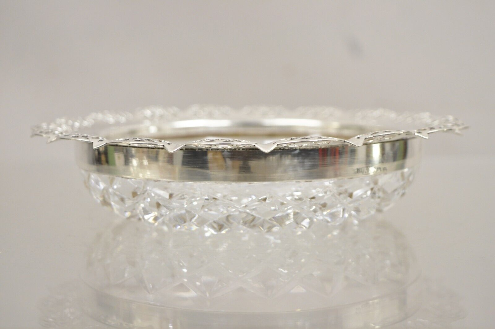 Antique English Victorian Cut Crystal Silver Plated Gallery Ashtray Trinket Dish