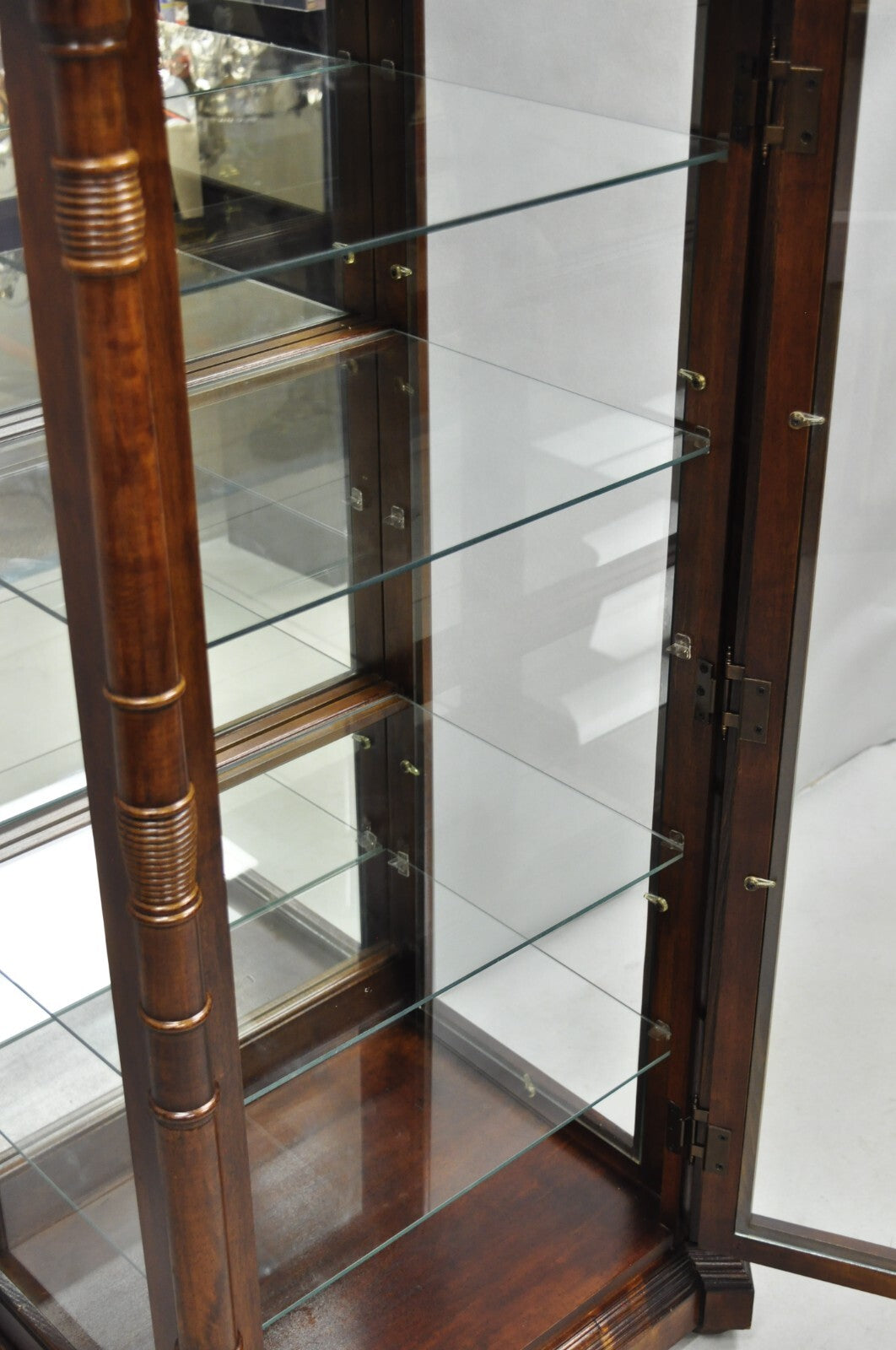 Victorian Style Cherry Wood Curved Glass Lighted Narrow Curio Display Cabinet