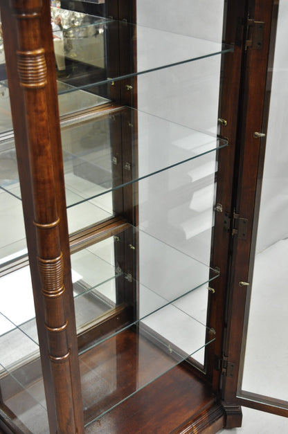 Victorian Style Cherry Wood Curved Glass Lighted Narrow Curio Display Cabinet