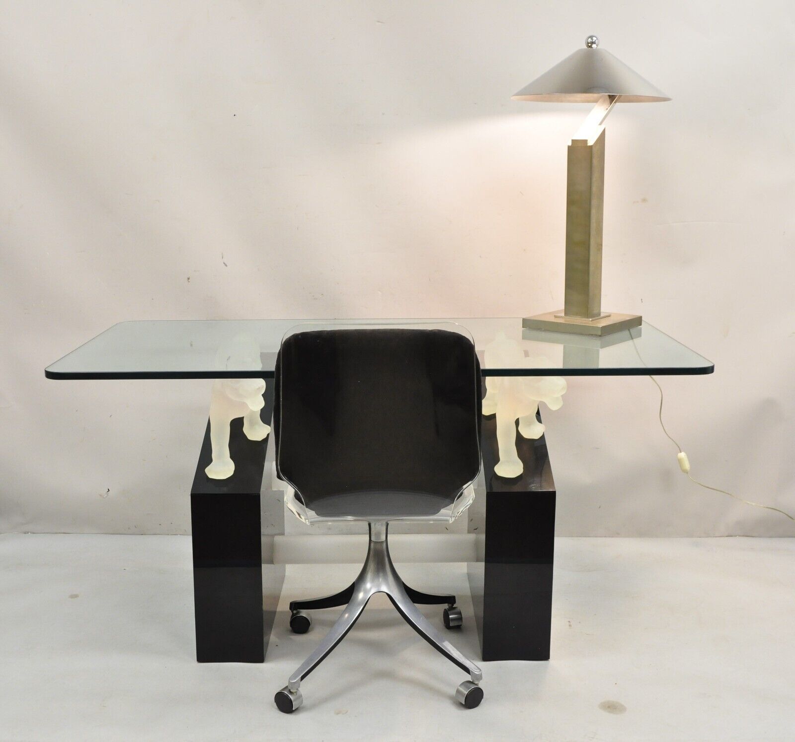 Vintage Post Modern Black Figural Acrylic Panther Base Glass Top Desk Table