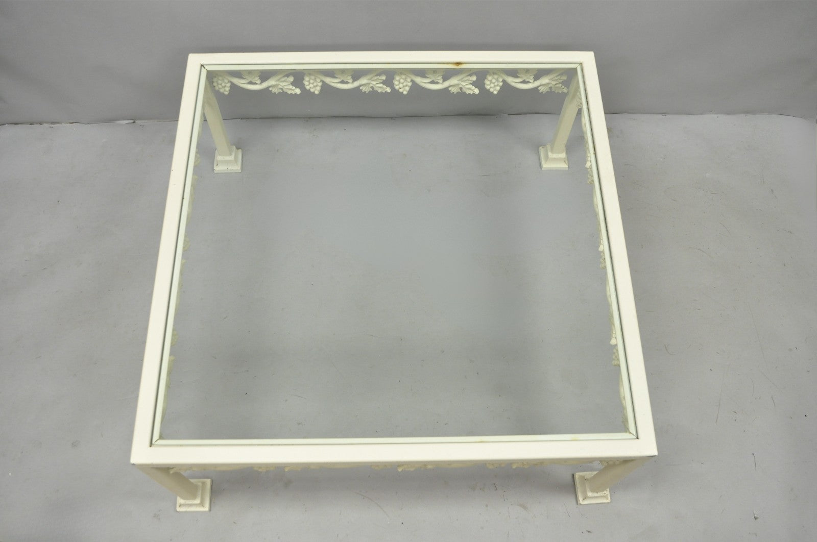 Vintage Woodard Style White Wrought Iron "Grapevine" Square Glass Coffee Table