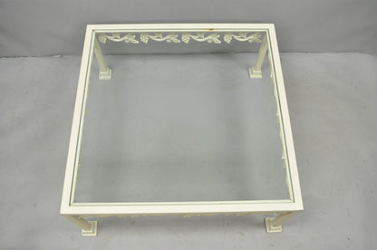 Vintage Woodard Style White Wrought Iron "Grapevine" Square Glass Coffee Table