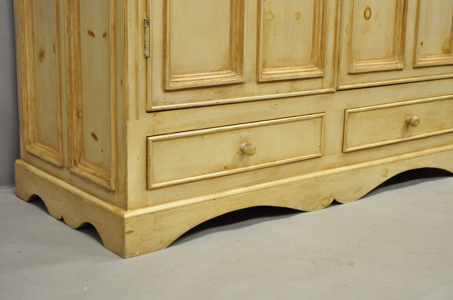 French Country Provincial Distressed Knotty Pine Wood 2 Part Cupboard Cabinet