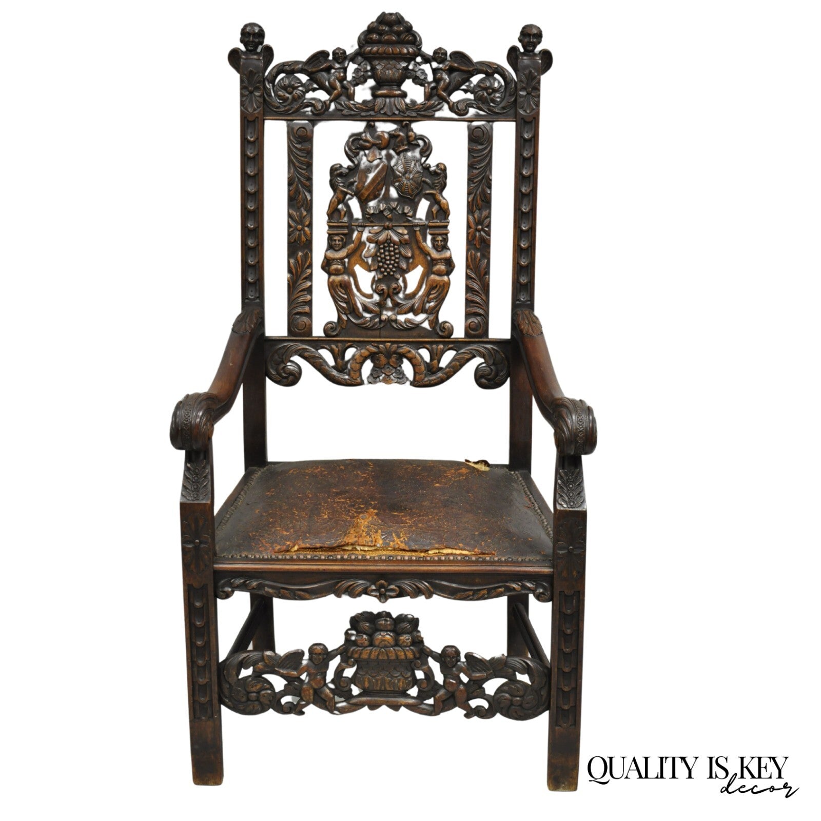 Antique Italian Renaissance Carved Walnut Throne Arm Chair w/ Winged Cherubs