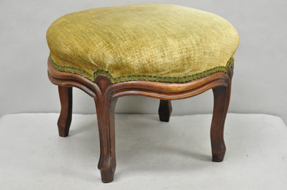 Antique Victorian Carved Mahogany Green Mohair Fabric Round Footstool Ottoman