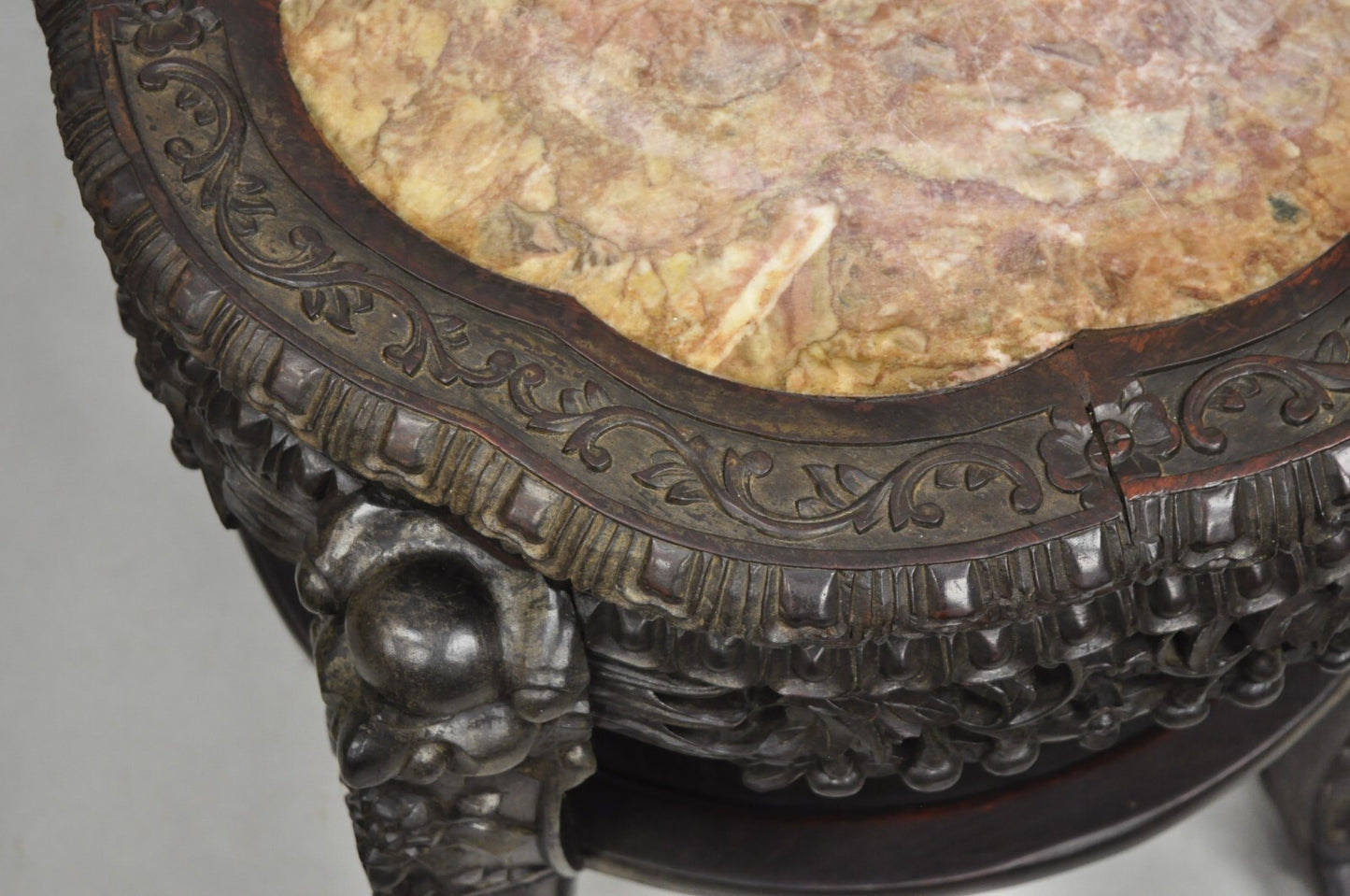 Antique Chinese Carved Hardwood Marble Top Pedestal Plant Stand Low Side Table