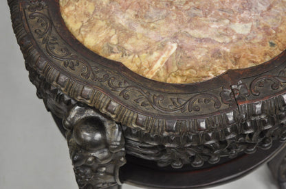 Antique Chinese Carved Hardwood Marble Top Pedestal Plant Stand Low Side Table