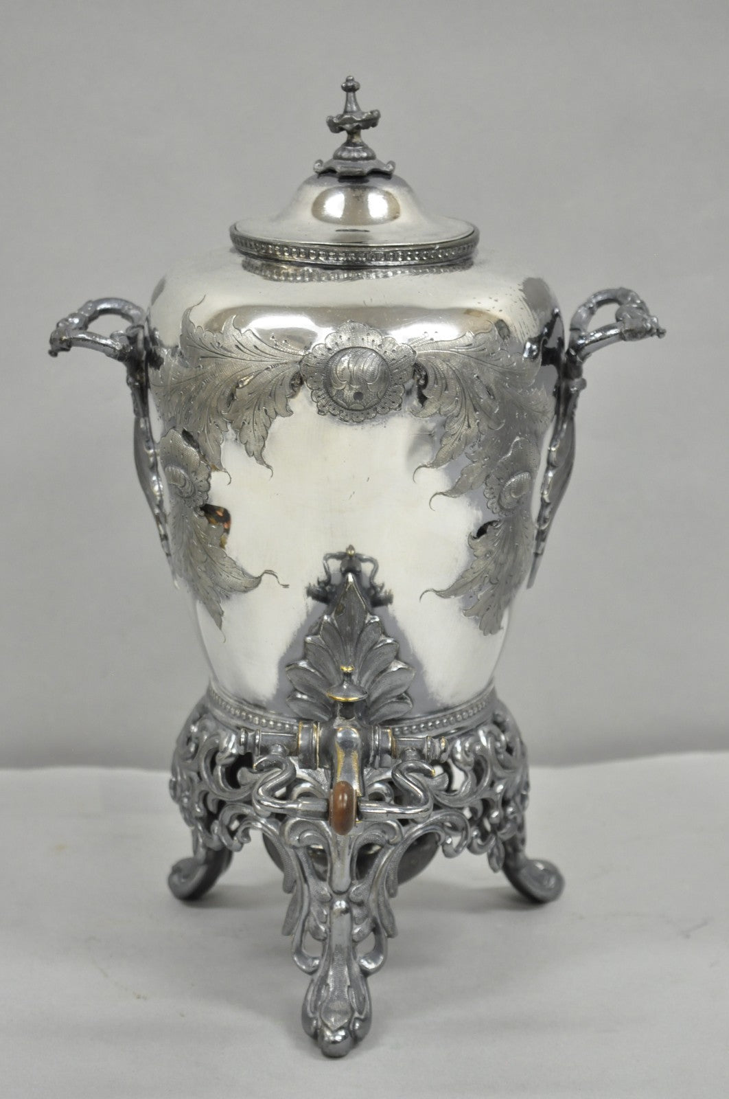 Antique Art Nouveau English Silver Plated Floral Repousse Samovar Coffee Tea Pot