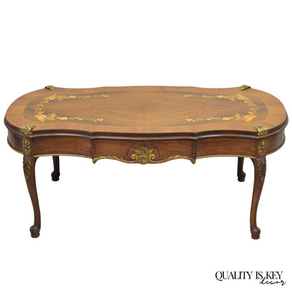Antique French Louis XV Style Floral Inlay Walnut Coffee Table with Drawer