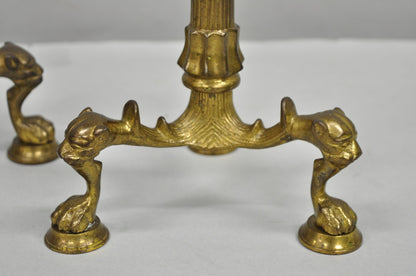 Antique French Renaissance Gothic Figural Brass 16" Candelabra w/ Lions - a Pair
