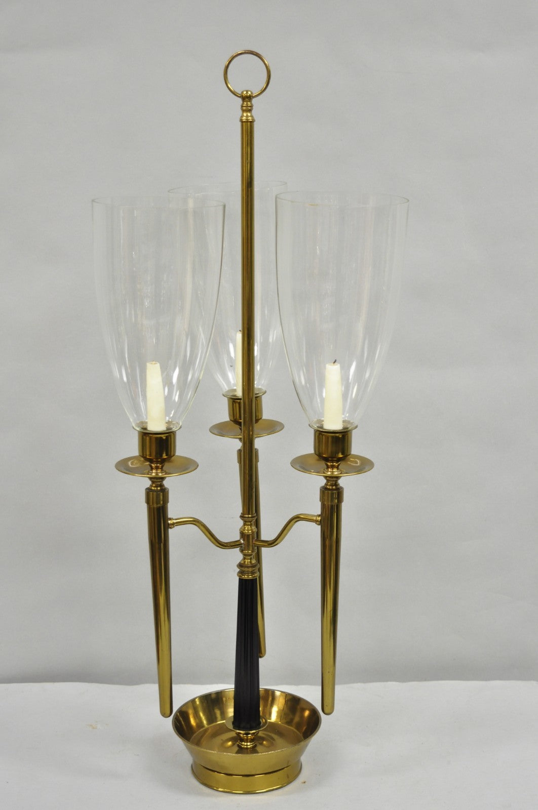 Tommi Parzinger Style Mid Century Modern Tall Brass Hurricane Shade Candelabra