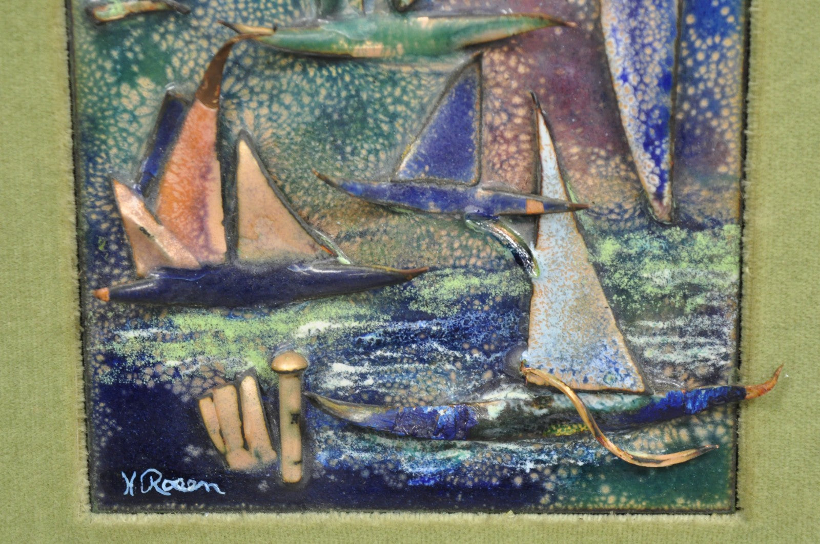 Vintage Mid Centuy Modern Enameled Copper Clipper Ship Art Painting by M. Rosen