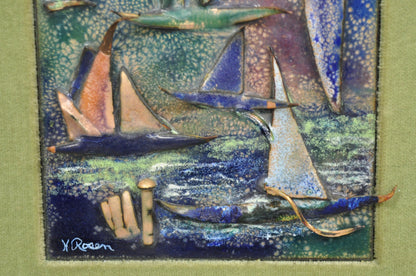 Vintage Mid Centuy Modern Enameled Copper Clipper Ship Art Painting by M. Rosen