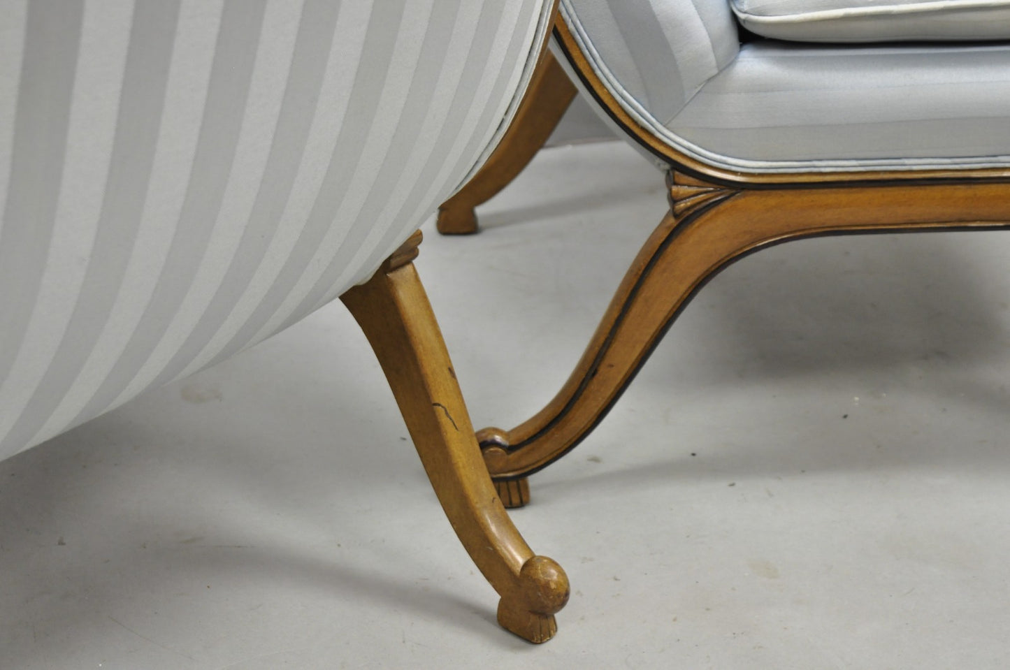 French Hollywood Regency Carved Walnut Rolled Back Slipper Lounge Chair - a Pair