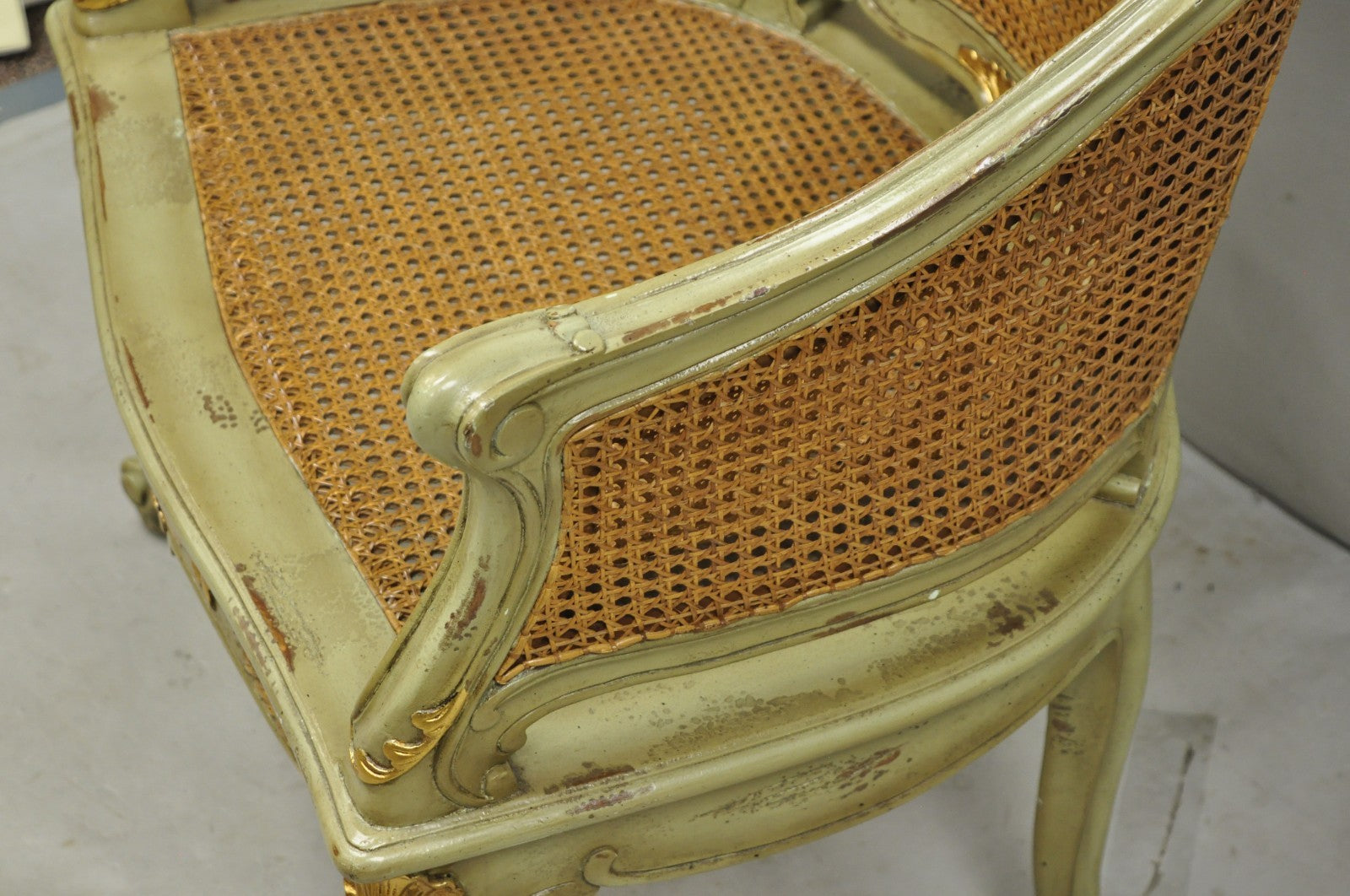 Vintage French Louis XV Style Green Painted Gold Gilt Cane Bergere Arm Chair