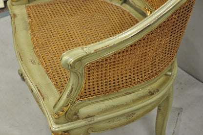 Vintage French Louis XV Style Green Painted Gold Gilt Cane Bergere Arm Chair