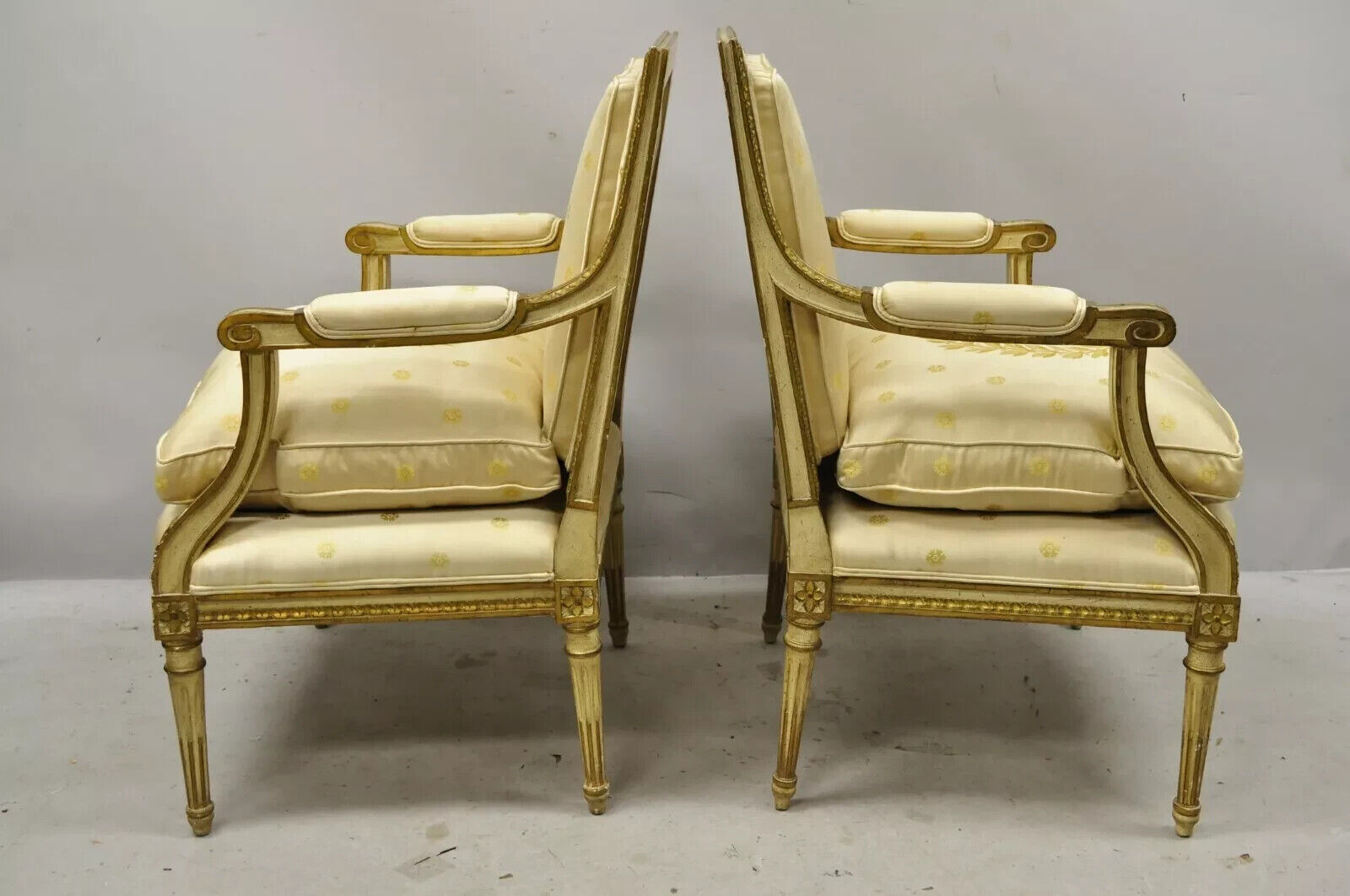 French Louis XVI Neoclassical Gold Silk Fauteuil Parcel Gilt Arm Chairs - a Pair