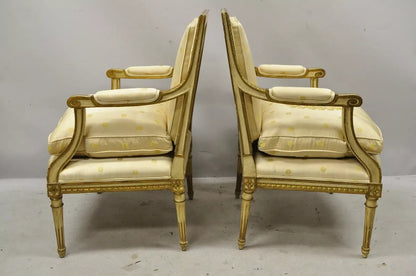 French Louis XVI Neoclassical Gold Silk Fauteuil Parcel Gilt Arm Chairs - a Pair