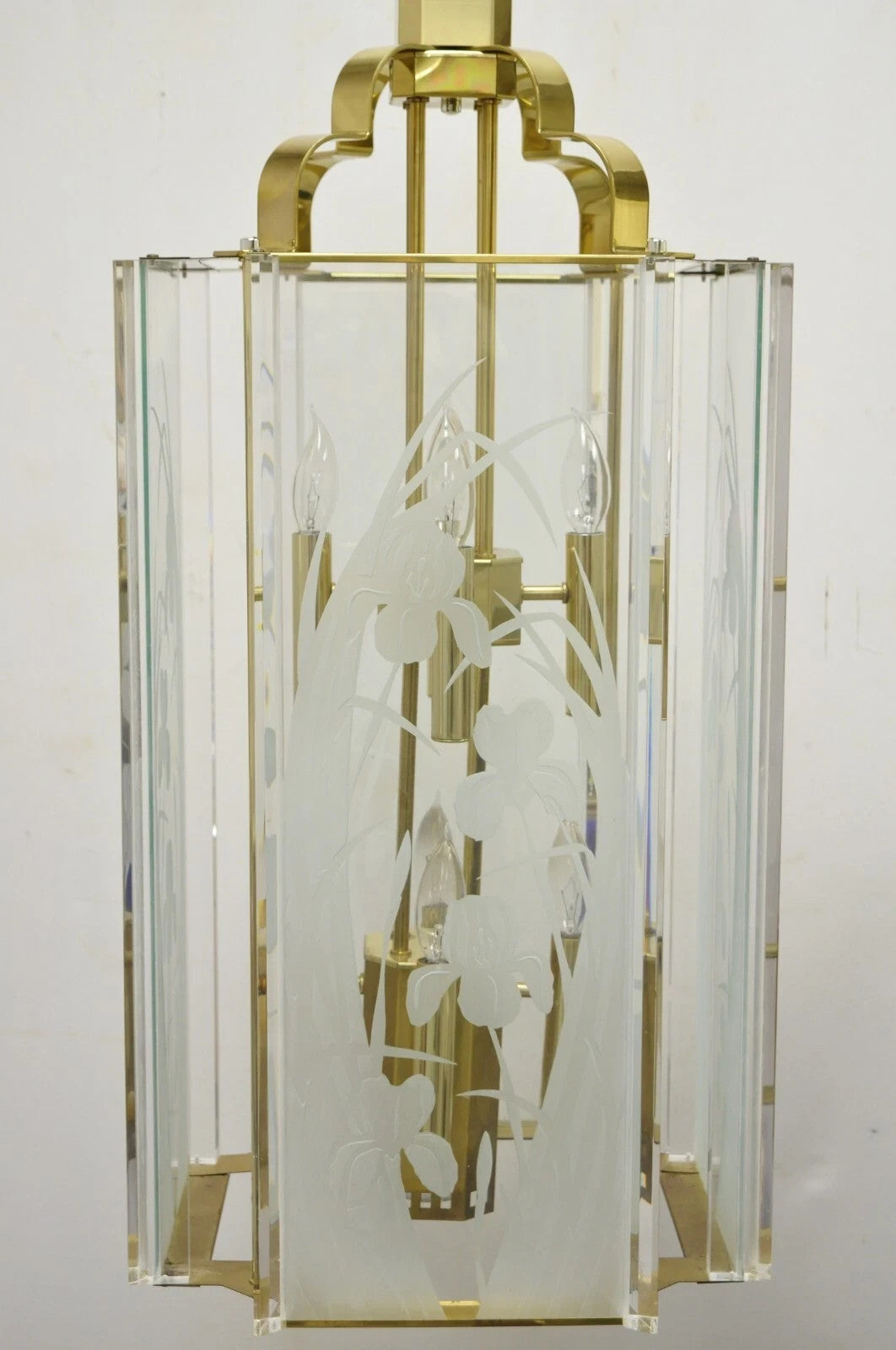 Vintage Fredrick Ramond Mid Century Modern Brass Lucite Glass Pendant Chandelier