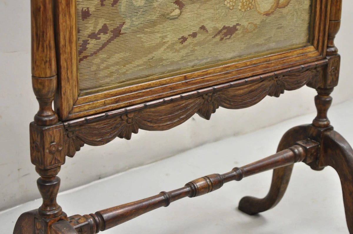 Antique French Victorian Carved Walnut and Needlepoint Fireplace Screen