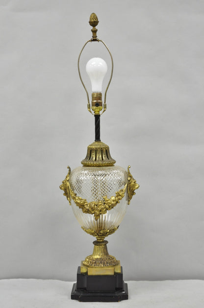Antique French Neoclassical Bronze Lion Ormolu Diamond Cut Glass Urn Table Lamp