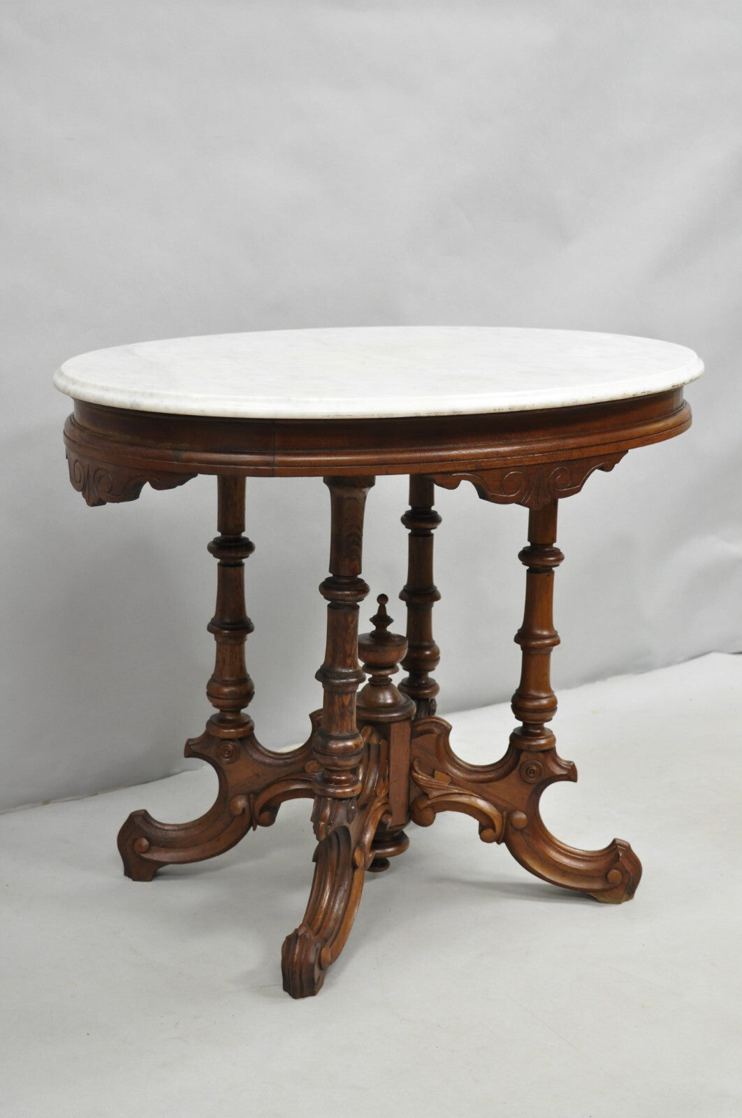 Antique Eastlake Victorian Carved Walnut Pedestal Base Marble Top Parlor Table