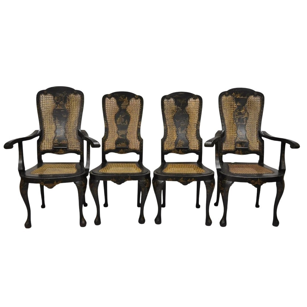 Antique Chinoiserie Queen Anne Hand Painted Floral Cane Dining Chairs - Set of 4