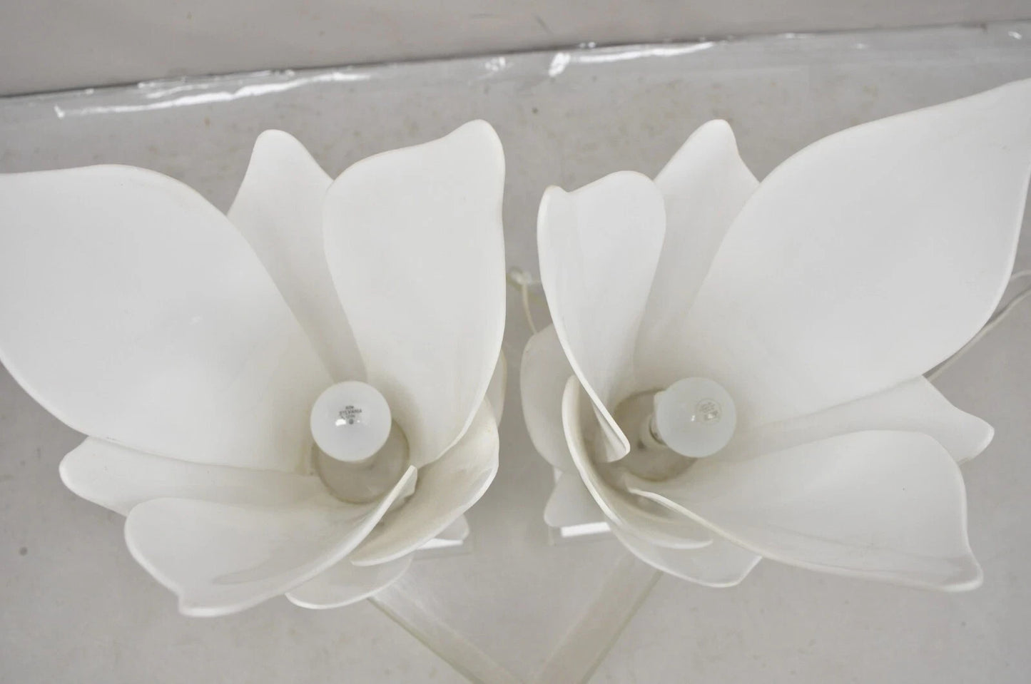 Rougier White Acrylic Lucite Tulip Flower Leaf Mid Century Table Lamps - a Pair
