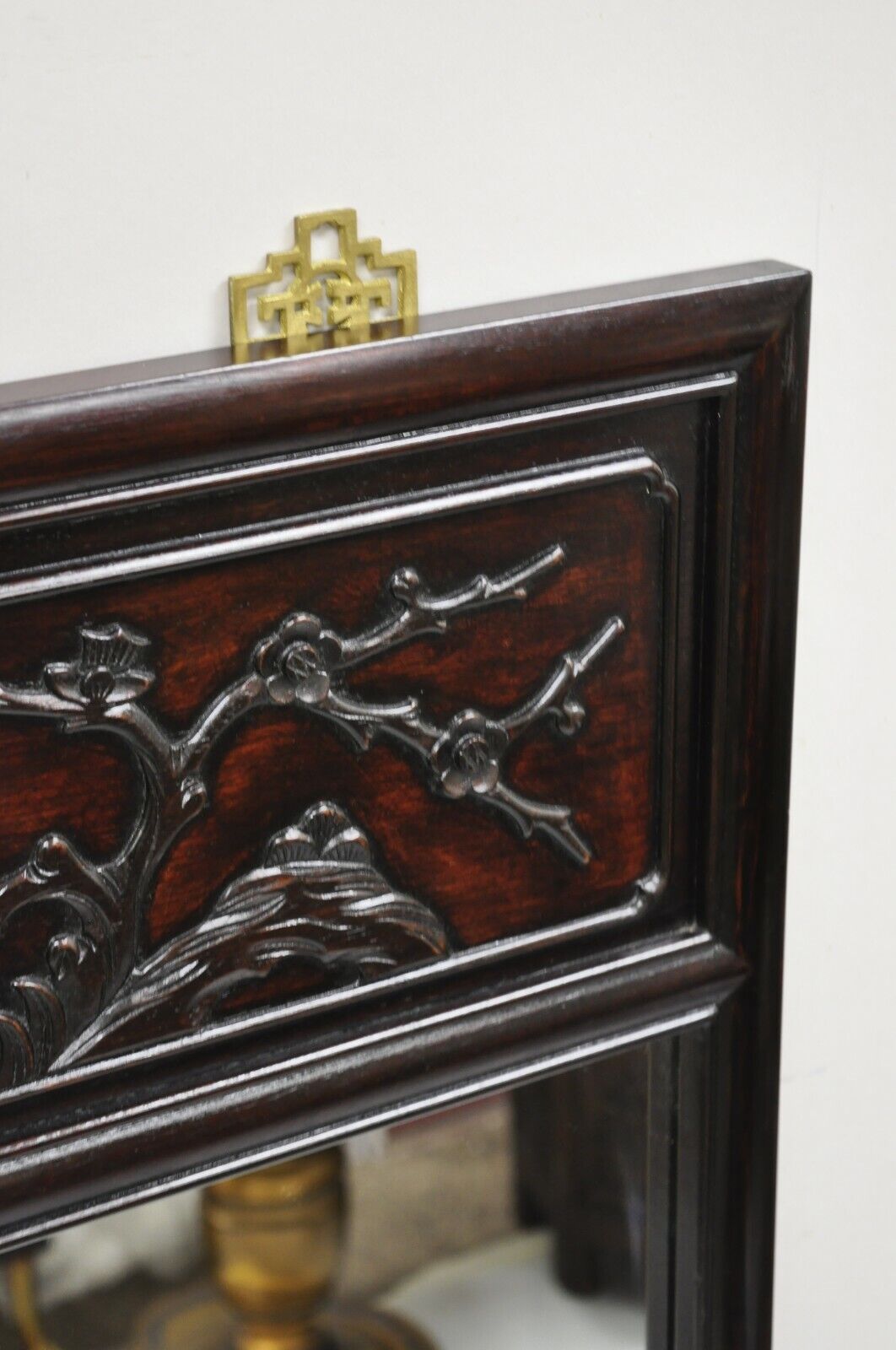 Vintage Chinese Bird Carved Hardwood Mahogany Rectangular Oriental Wall Mirror