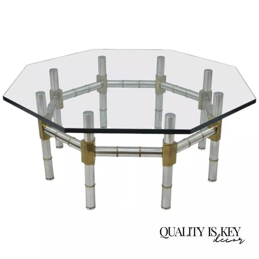 Mid Century Modern Chrome and Brass Faux Bamboo Octagonal Glass Top Coffee Table