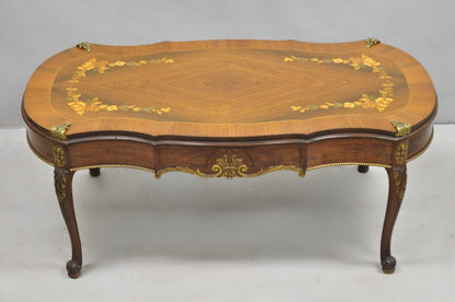 Antique French Louis XV Style Floral Inlay Walnut Coffee Table with Drawer