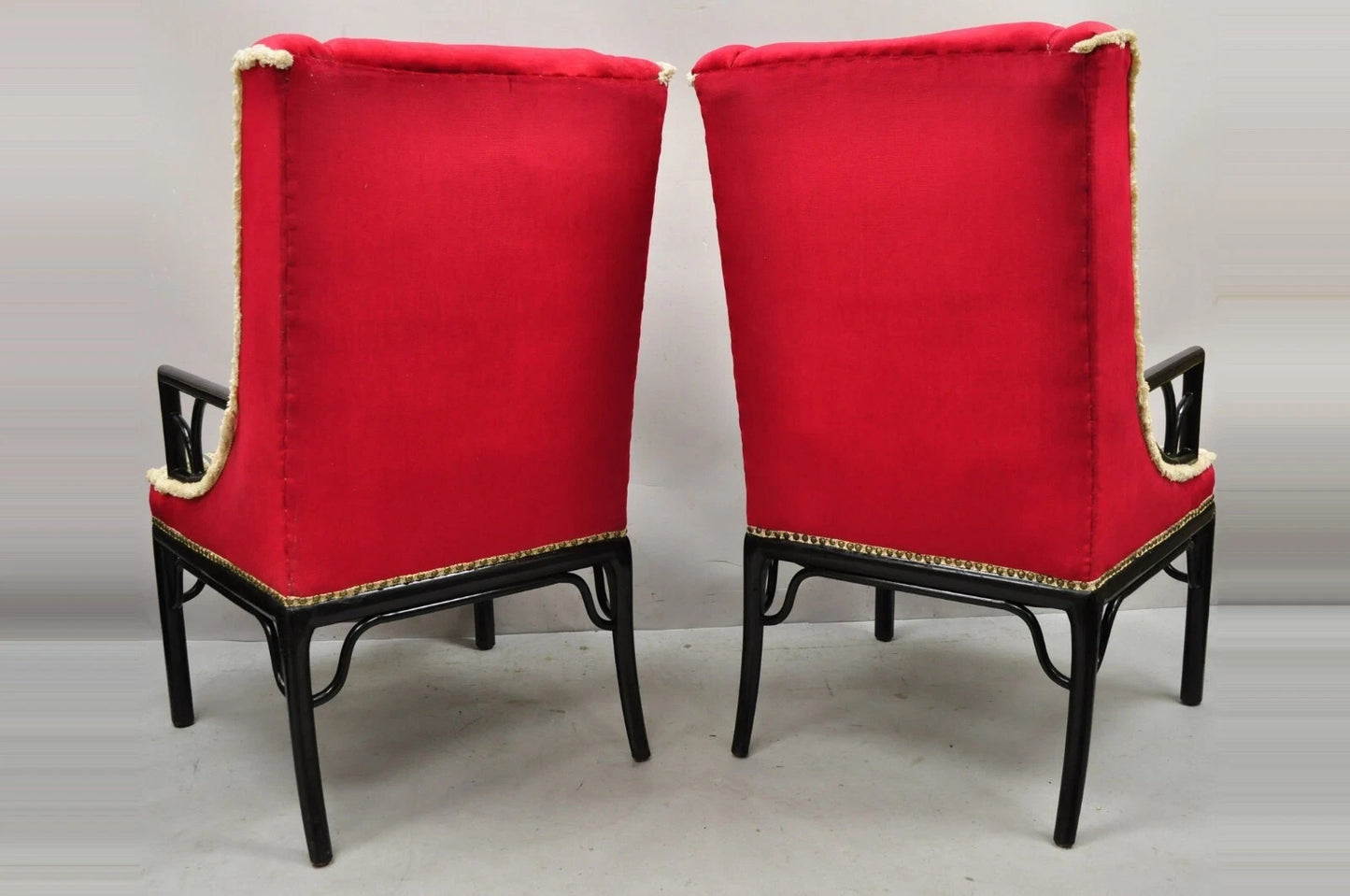 Vintage Chinoiserie James Mont Style Black Fretwork Lounge Arm Chairs - a Pair