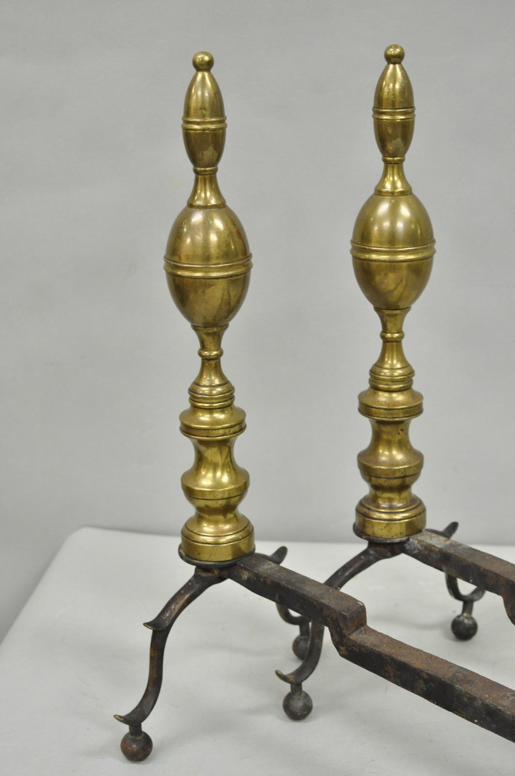 Antique English Federal Brass Branch Leg Cast Iron Fireplace Andirons - a Pair